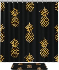 Gold Pineapple On Black Background Shower Curtain, Waterproof Fabric Bathroom Decors