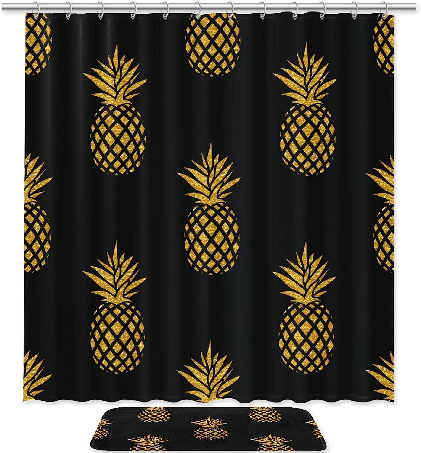 Gold Pineapple On Black Background Shower Curtain, Waterproof Fabric Bathroom Decors