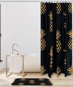 Gold Pineapple On Black Background Shower Curtain, Waterproof Fabric Bathroom Decors