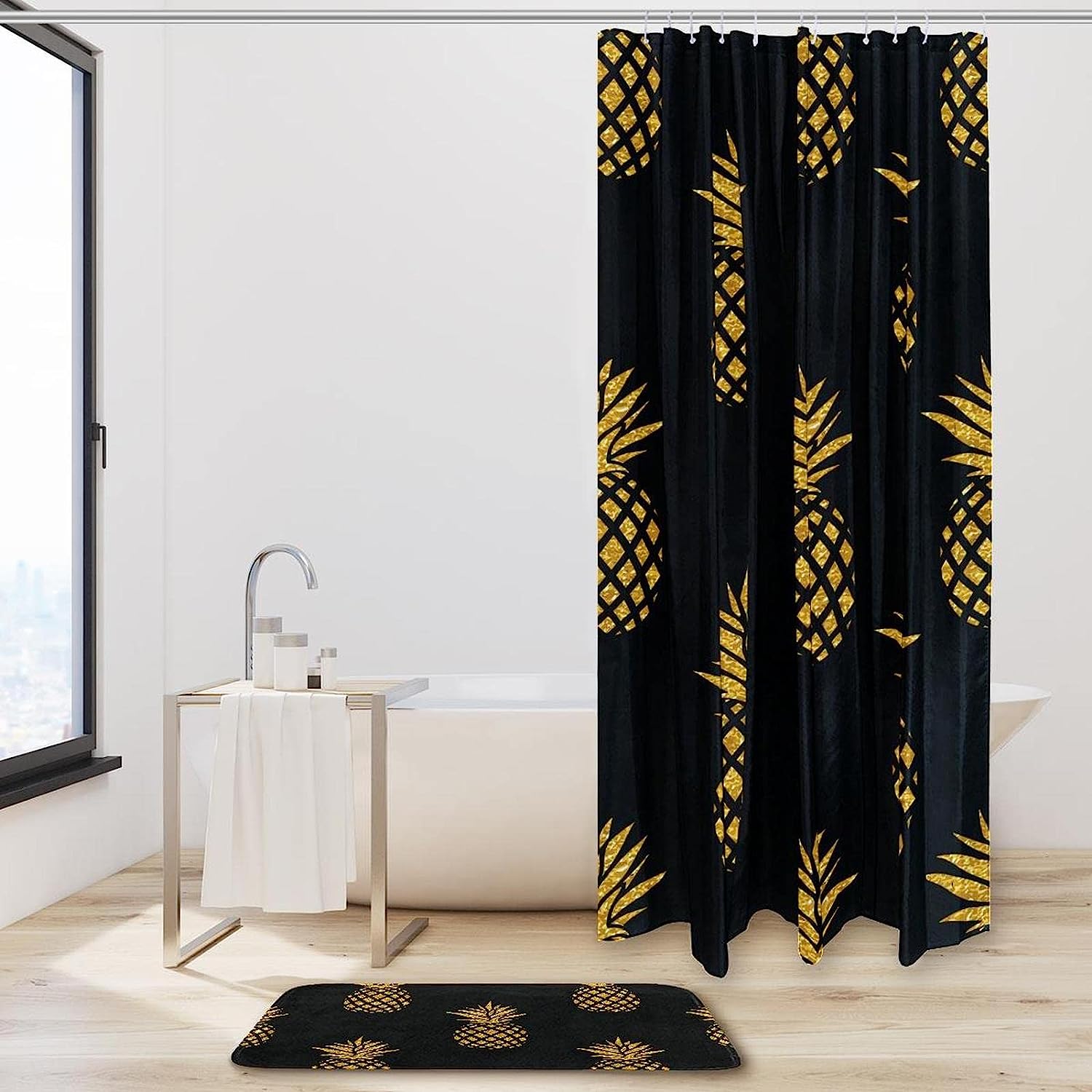 Gold Pineapple On Black Background Shower Curtain, Waterproof Fabric Bathroom Decors