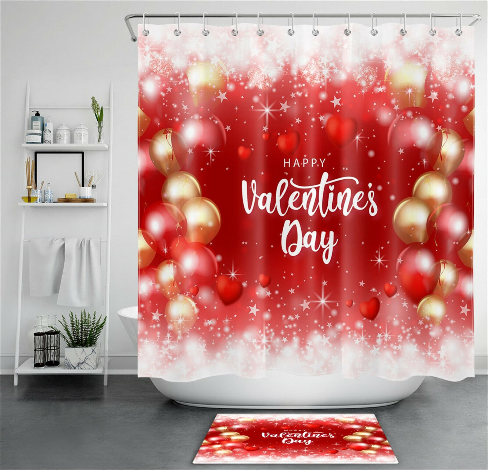 Gold Red Balloons Love Hearts Shower Curtain for Bathroom Decor on Valentine's Day