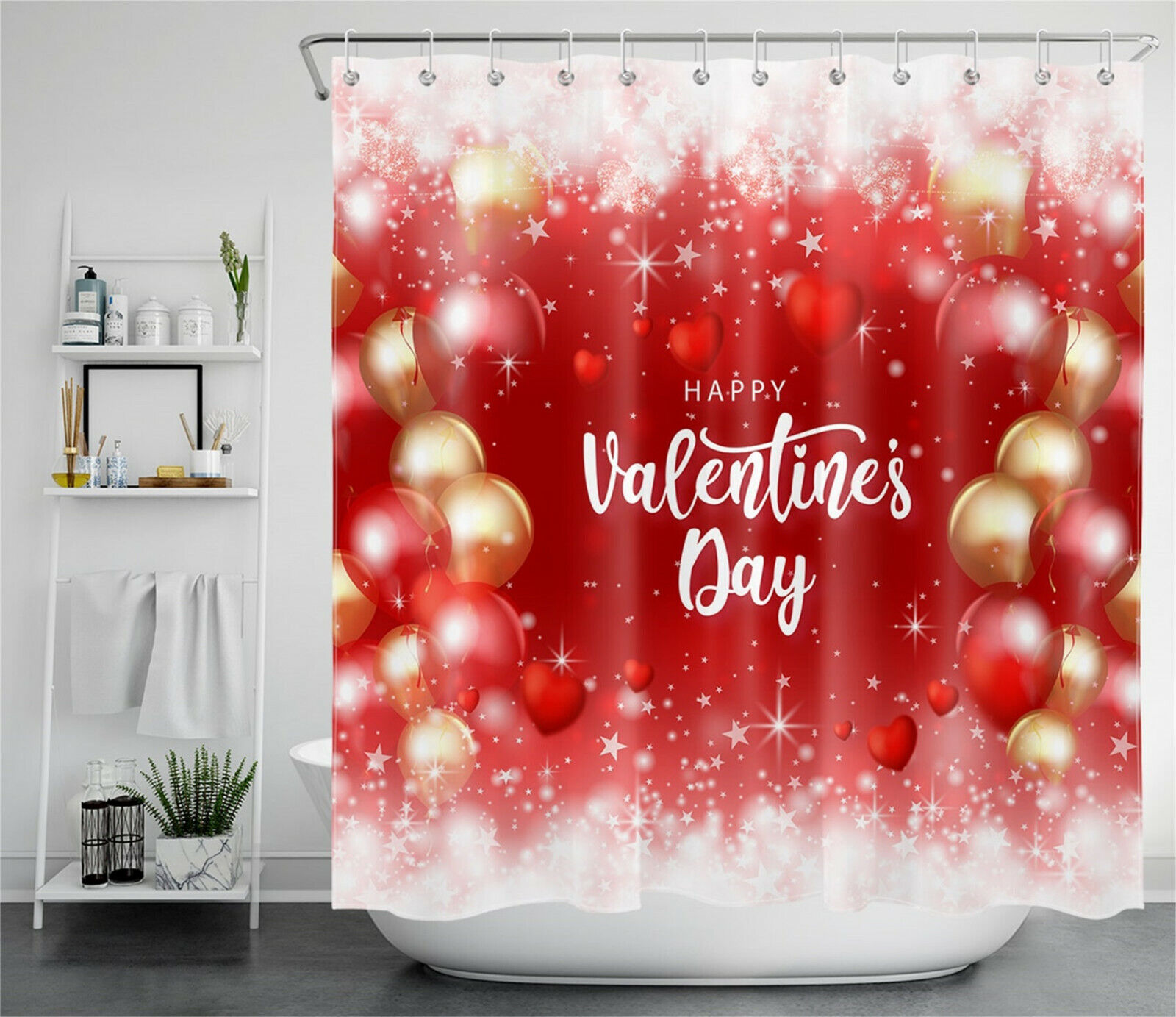 Gold Red Balloons Love Hearts Shower Curtain for Bathroom Decor on Valentine's Day