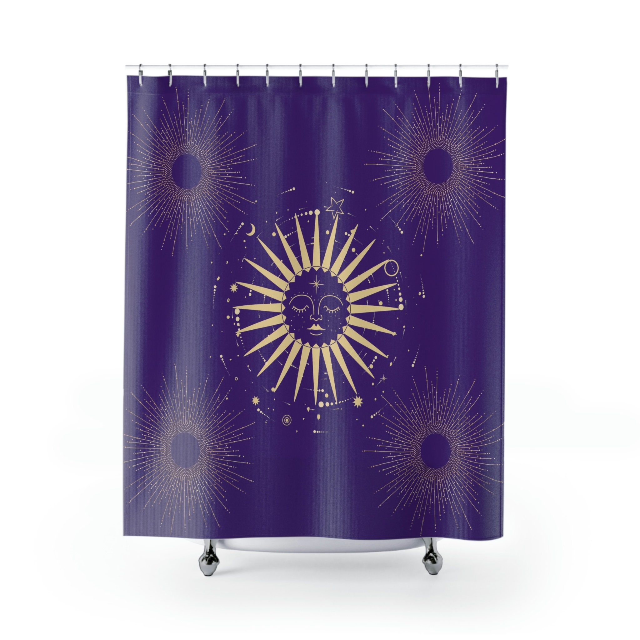 Gold Sun on Purple Shower Curtain for Luxurious Bathroom Decor with Elegant Style
