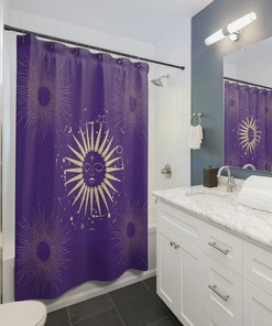 Gold Sun on Purple Shower Curtain for Luxurious Bathroom Decor with Elegant Style