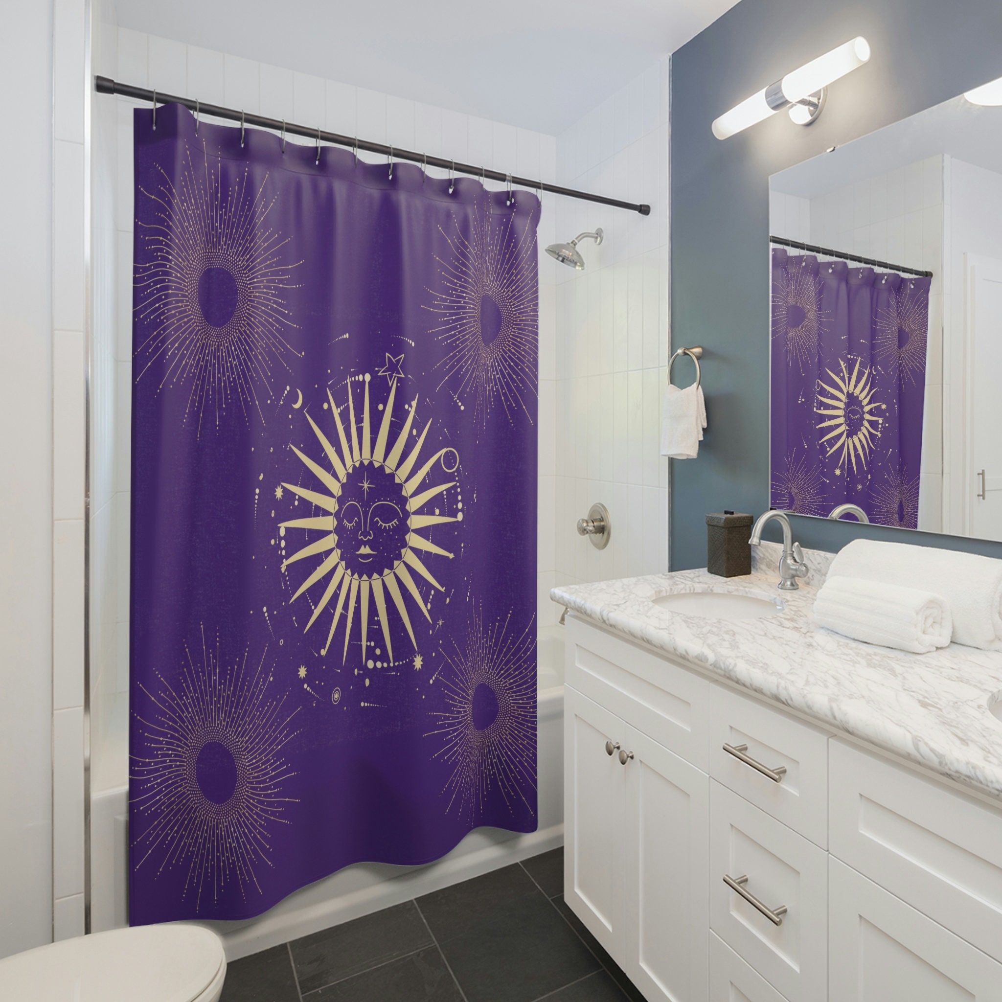 Gold Sun on Purple Shower Curtain for Luxurious Bathroom Decor with Elegant Style