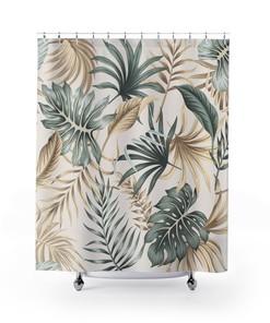 Gold Tropical Bathroom Shower Curtain with Monstera Decor and Plant Print
