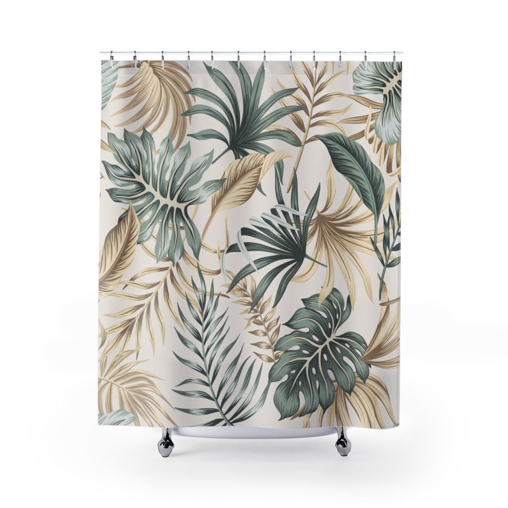 Gold Tropical Bathroom Shower Curtain with Monstera Decor and Plant Print