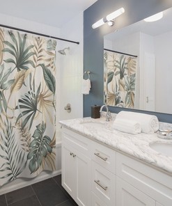 Gold Tropical Bathroom Shower Curtain with Monstera Decor and Plant Print