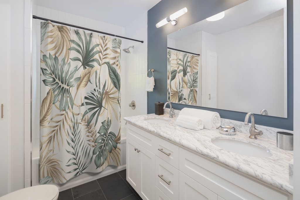Gold Tropical Bathroom Shower Curtain with Monstera Decor and Plant Print