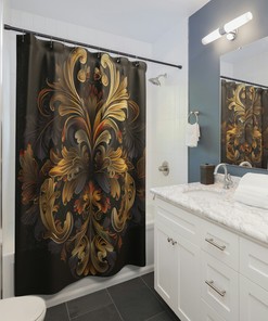 Golden Baroque Floral Shower Curtain With Black And Gold Tones, Durable And Printed To Order