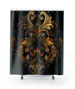 Golden Baroque Floral Shower Curtain With Black And Gold Tones, Durable And Printed To Order