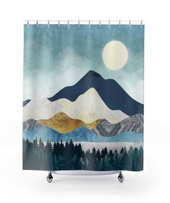 Golden Blue Pastel Abstract Landscape Artistic Boho Mountain Moon Shower Curtain For Contemporary Bathroom Decor