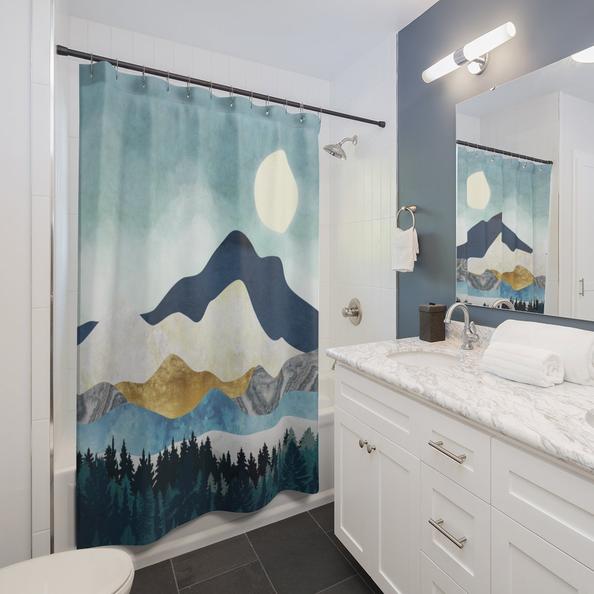 Golden Blue Pastel Abstract Landscape Artistic Boho Mountain Moon Shower Curtain For Contemporary Bathroom Decor - Image 2