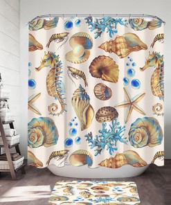Golden Blue Seashells Shower Curtain, Perfect For Beach Theme Bathroom Decor