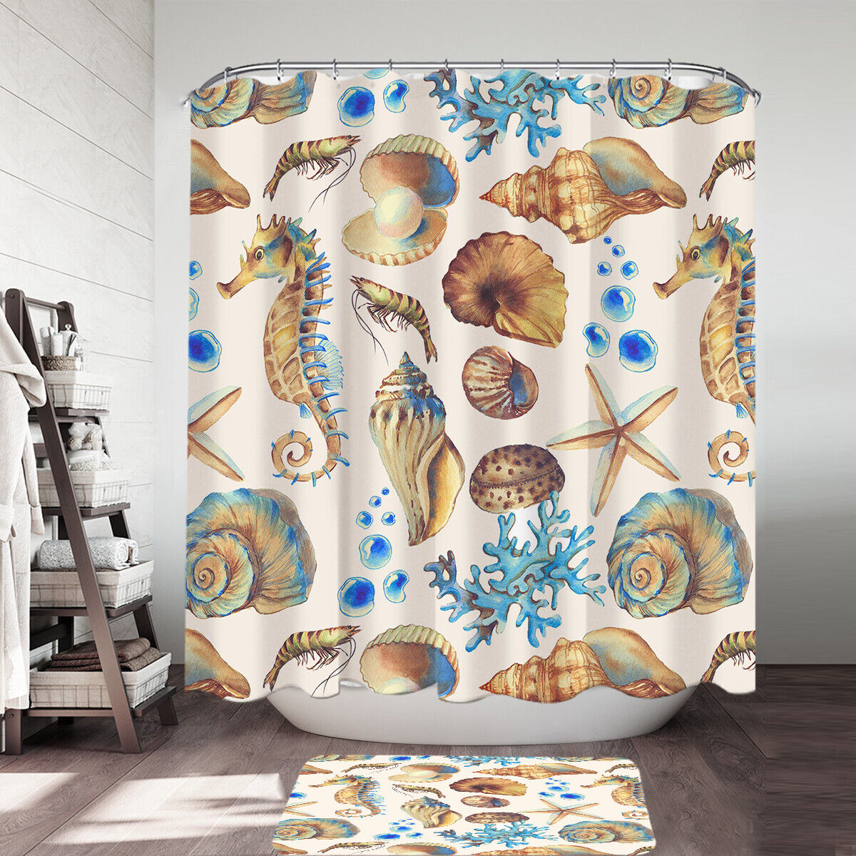 Golden Blue Seashells Shower Curtain, Perfect For Beach Theme Bathroom Decor