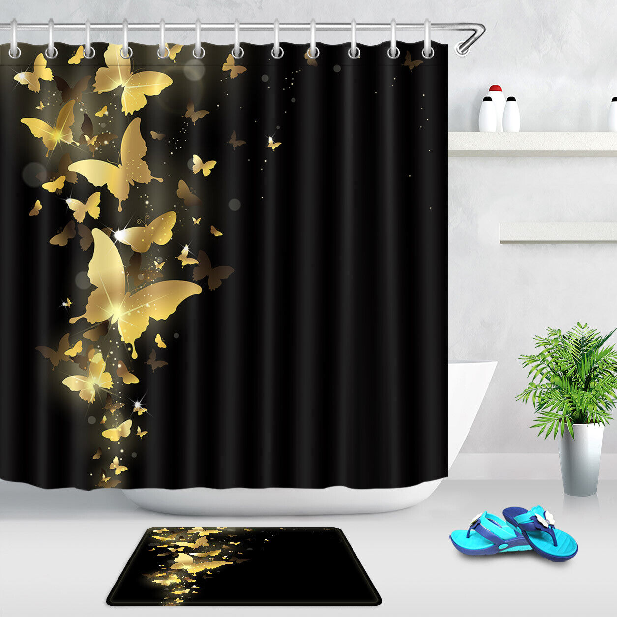 Golden Butterflies On Black Background Shower Curtain, Perfect For Chic Bathroom Decor