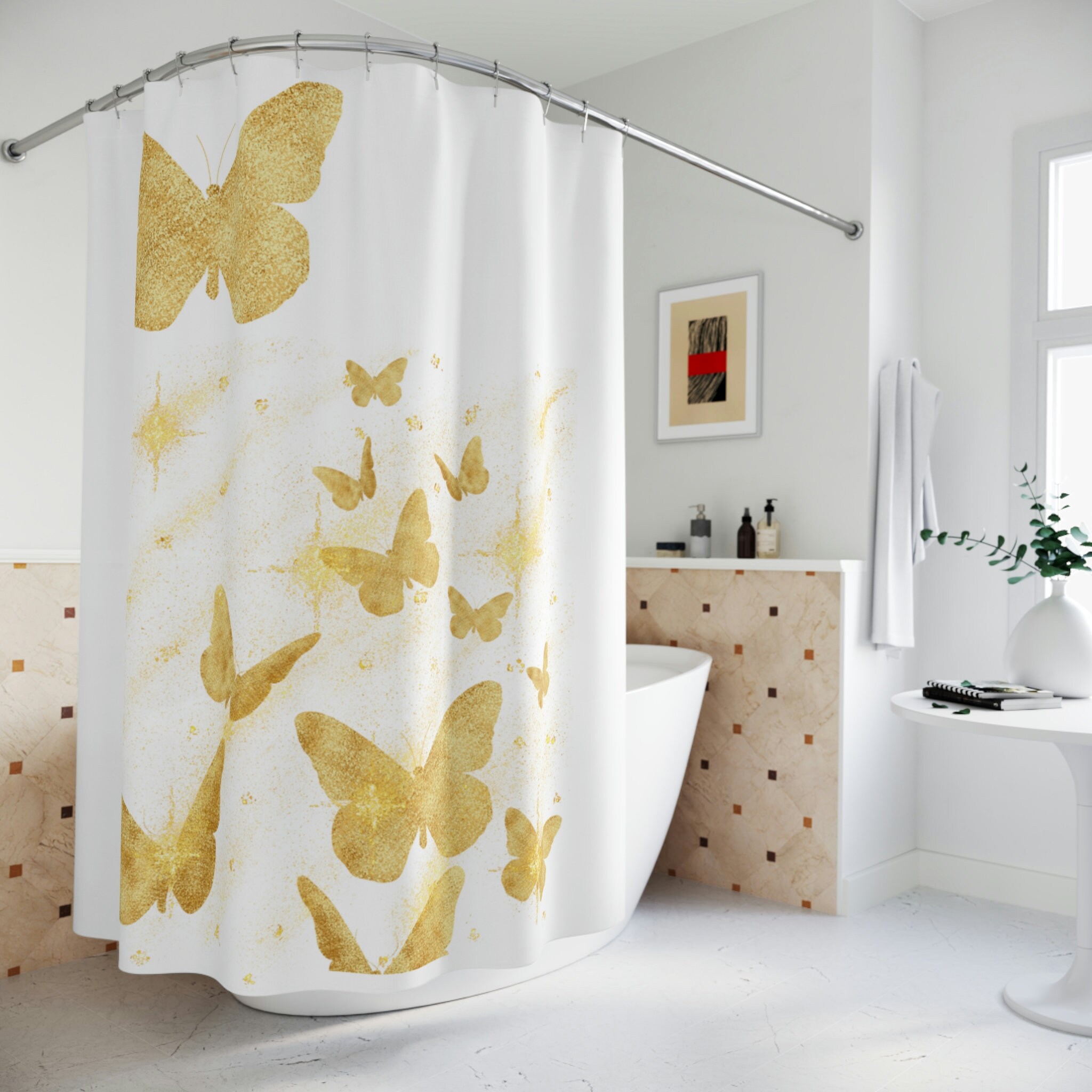 Golden Butterflies Polyester Shower Curtain for a Stylish Bathroom Decor