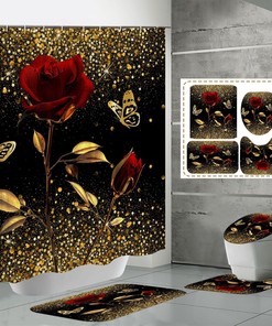 Golden Butterfly Rose Waterproof Shower Curtain, Perfect For Chic Bathroom Decor