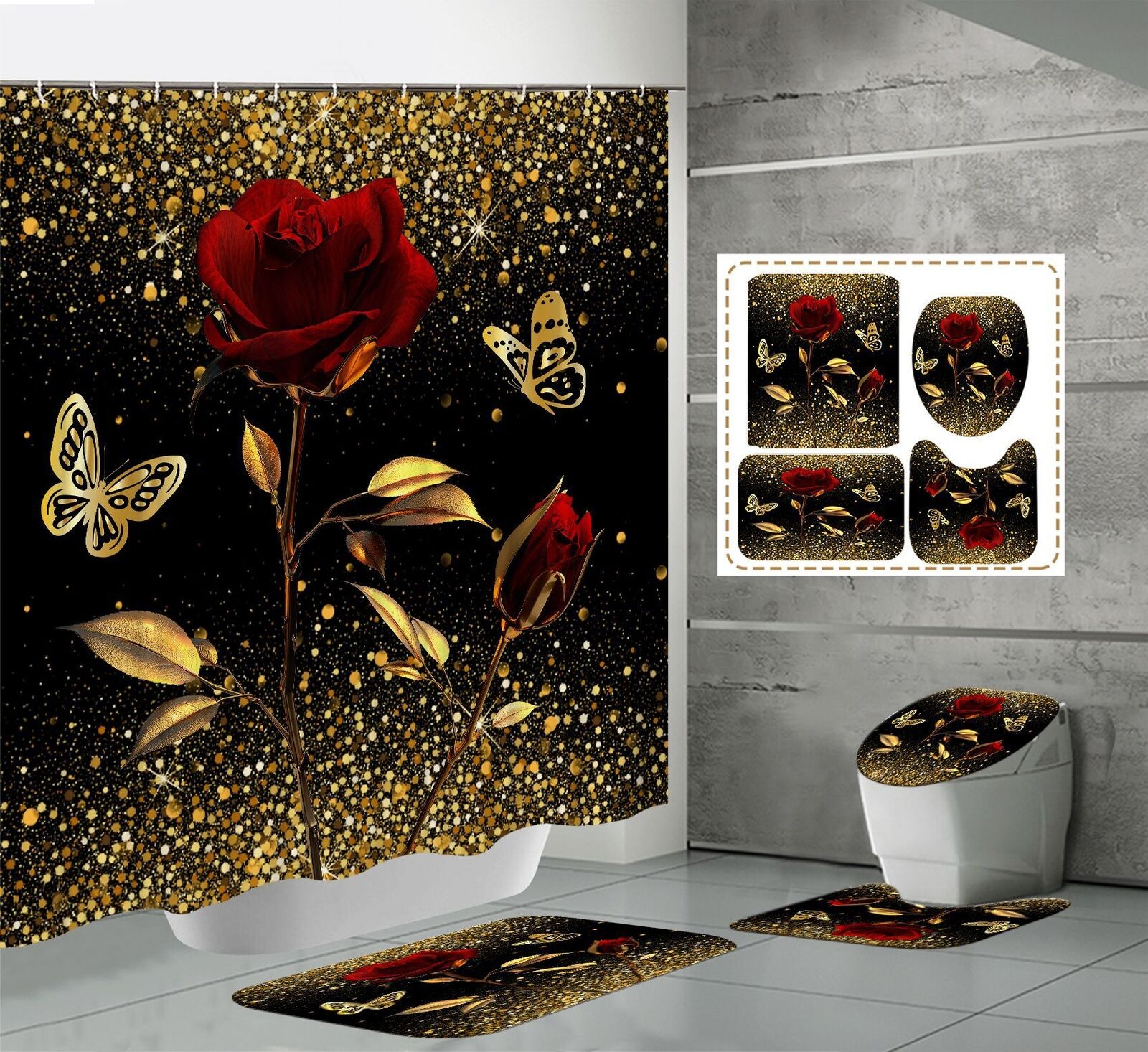 Golden Butterfly Rose Waterproof Shower Curtain, Perfect For Chic Bathroom Decor