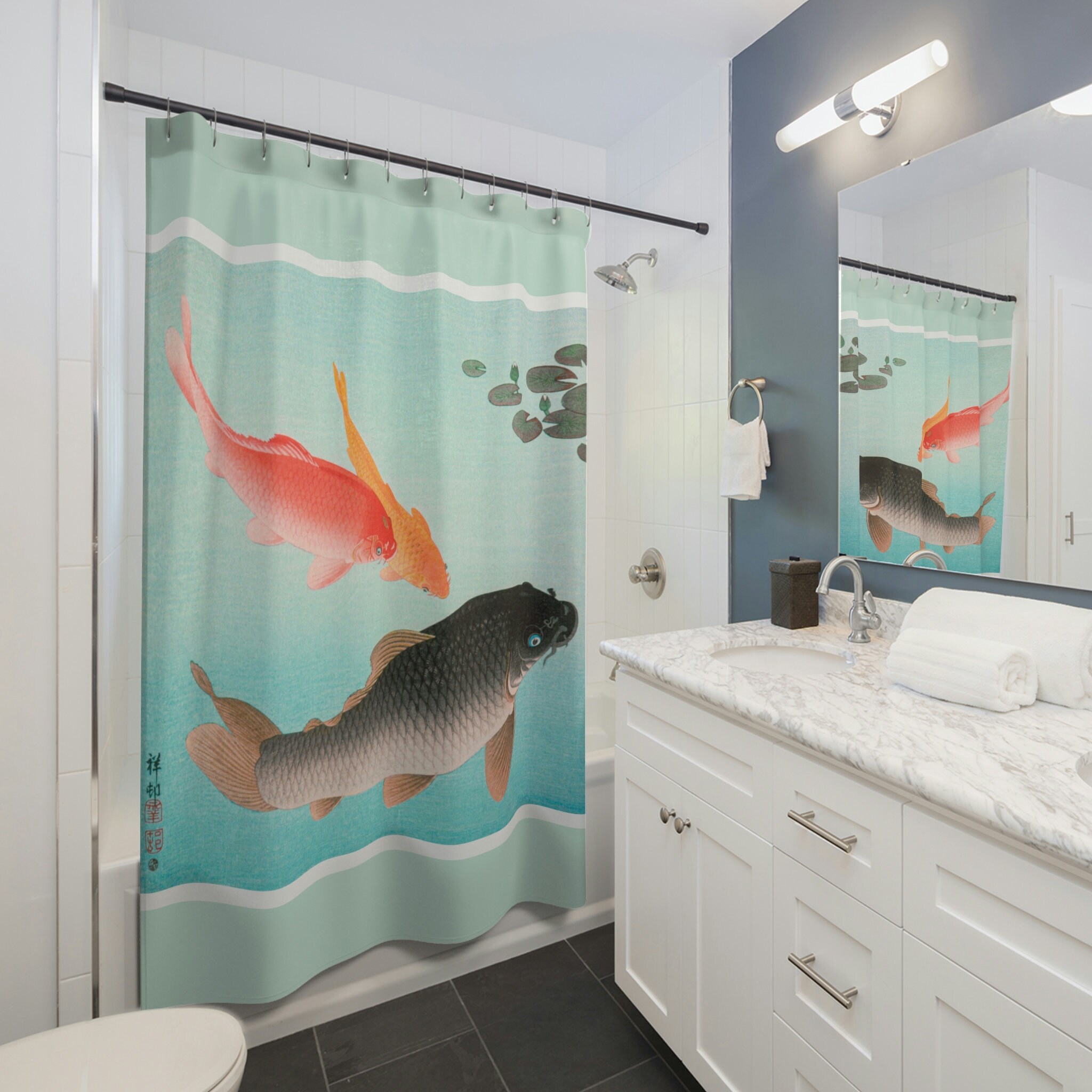 Golden Carp Japanese-Style Shower Curtain with Fish and Carp Design for Bathroom Decor