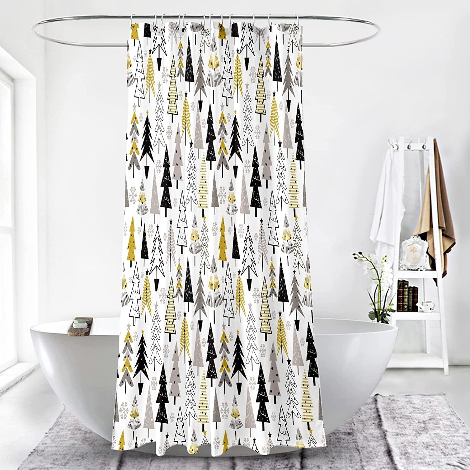 Golden Christmas Tree Snowflake Shower Curtain for Bathroom Decor