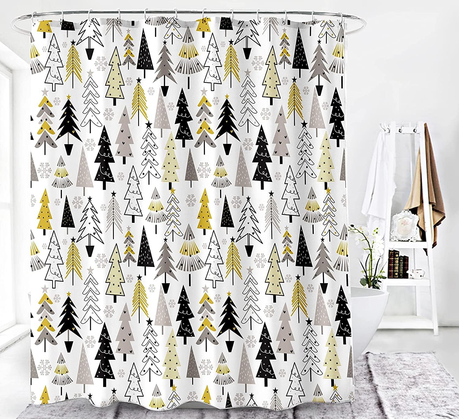 Golden Christmas Tree Snowflake Shower Curtain for Bathroom Decor