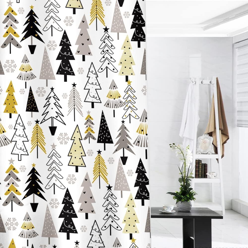 Golden Christmas Tree Snowflake Shower Curtain for Bathroom Decor