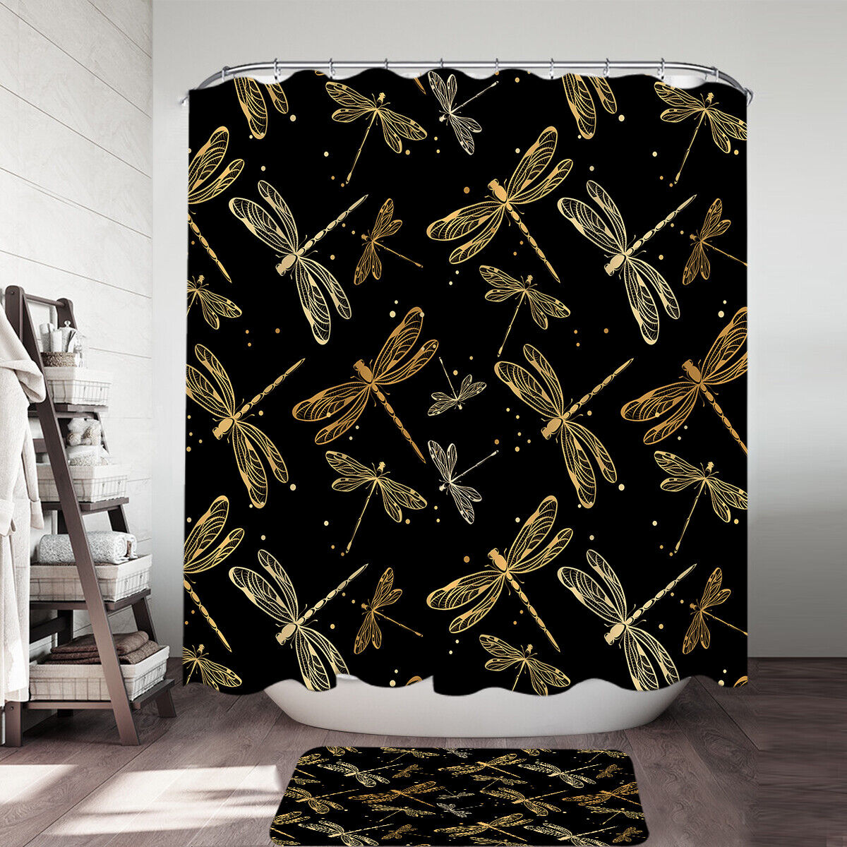 Golden Dragonflies Bathroom Shower Curtain, Perfect For Nature Theme Bathroom Decor