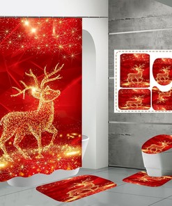 Golden Elk Christmas Waterproof Shower Curtain Holiday Set, Perfect For Festive Bathroom Decor