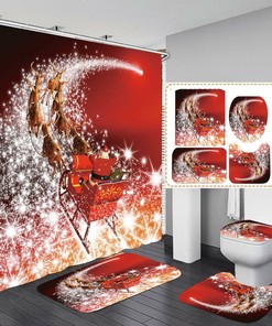 Golden Elk Sleigh Christmas Bathroom Shower Curtain Set, Perfect For Festive Holiday Decor