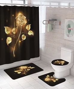 Golden Floral Shower Curtain - Elegant Black Bathroom Curtain With Floral Print And Gold Accents