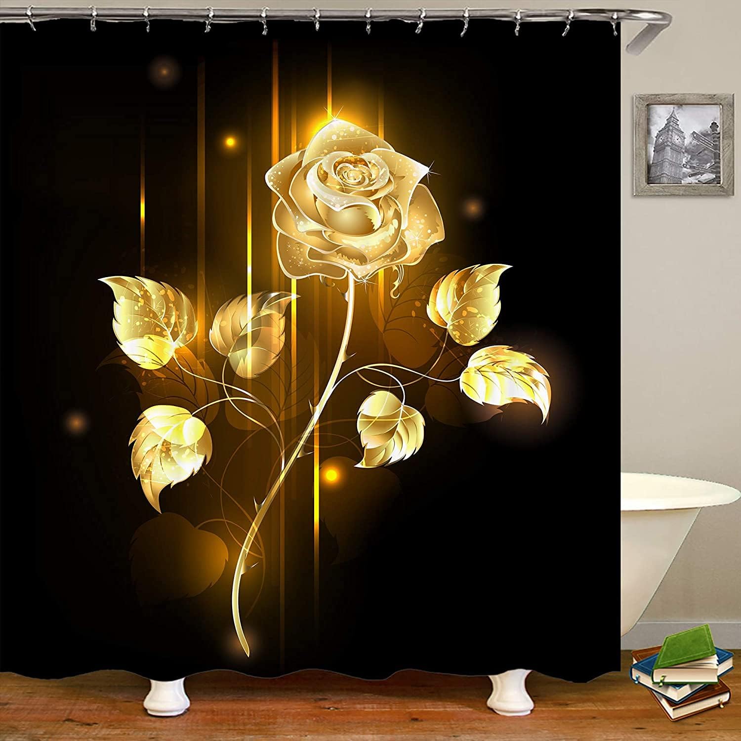 Golden Floral Shower Curtain - Elegant Black Bathroom Curtain With Floral Print And Gold Accents - Image 2