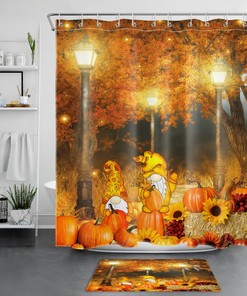 Golden Forest Gnome Pumpkin Fall Shower Curtain, Perfect For Autumn Bathroom Decor