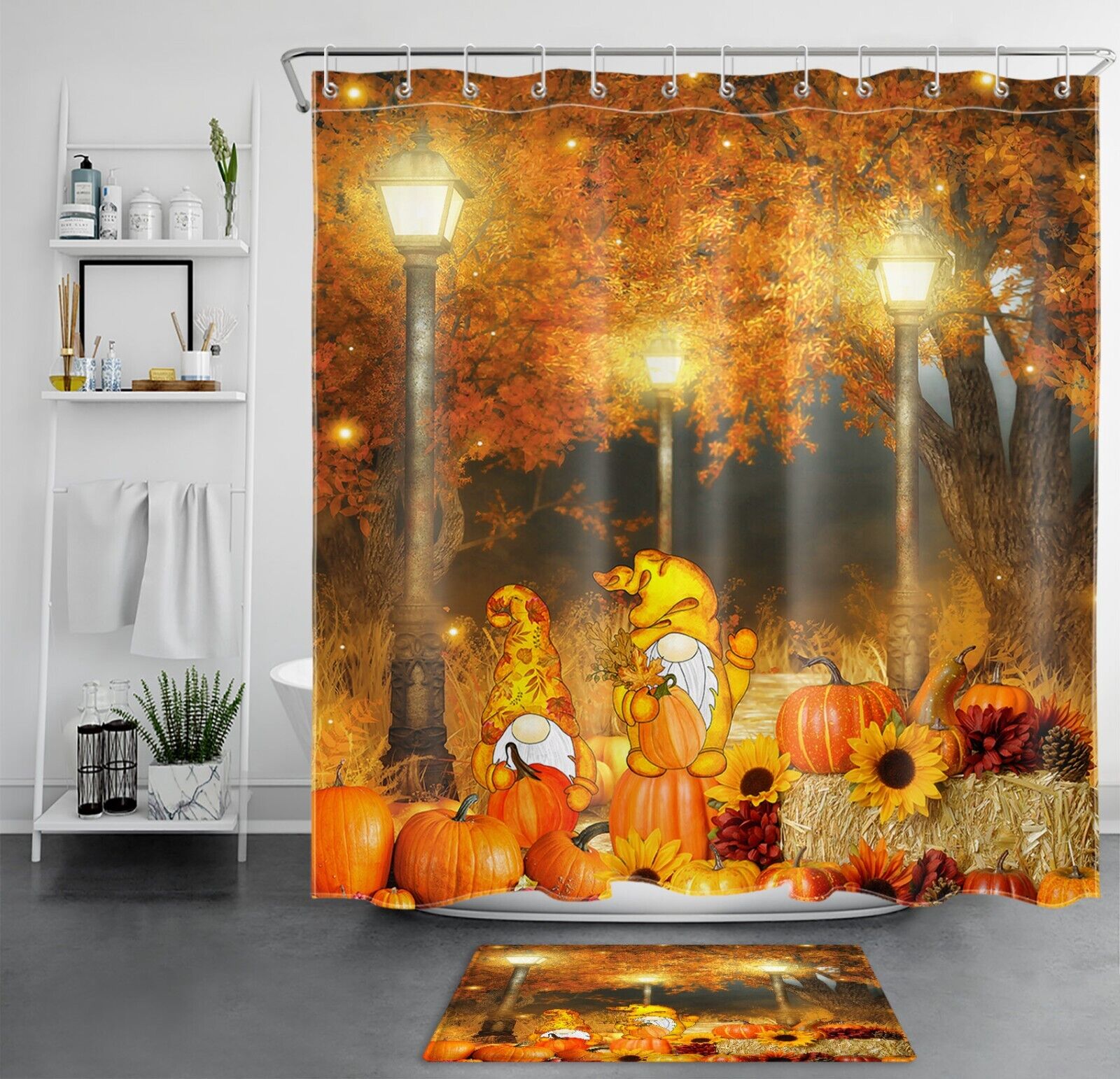 Golden Forest Gnome Pumpkin Fall Shower Curtain, Perfect For Autumn Bathroom Decor