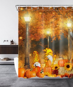 Golden Forest Gnome Pumpkin Fall Shower Curtain, Perfect For Autumn Bathroom Decor