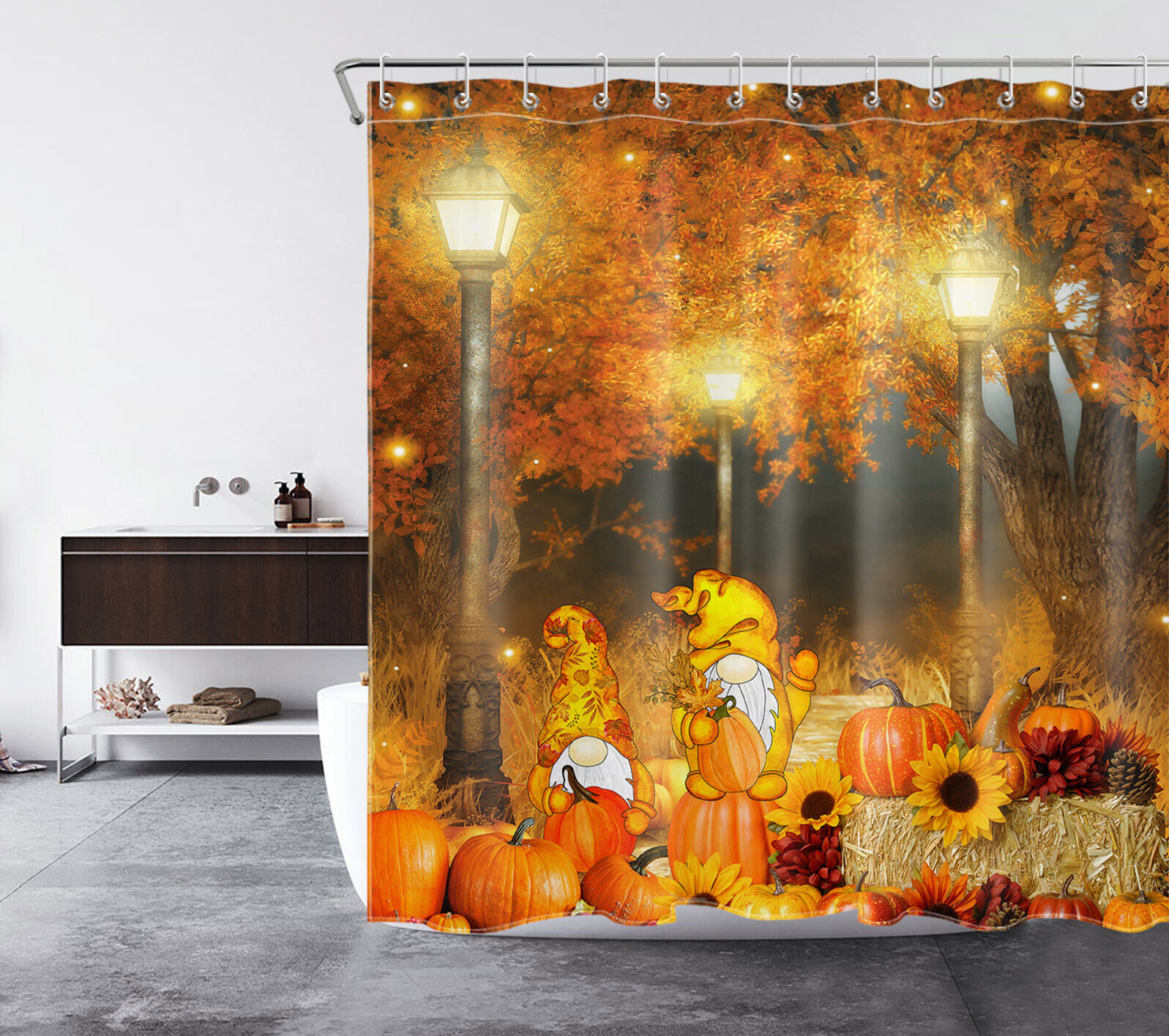 Golden Forest Gnome Pumpkin Fall Shower Curtain, Perfect For Autumn Bathroom Decor