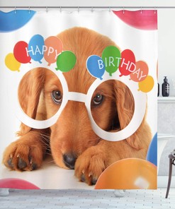 Golden Glasses Balloons Present Puppy Dog Art Shower Curtain For Any Birthday Party Celebration