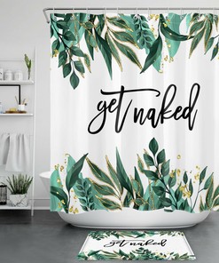 Golden Green Tropical Plants Leaves Shower Curtain With Funny Get Naked Bathroom Design