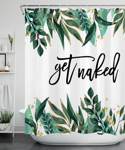 Golden Green Tropical Plants Leaves Shower Curtain With Funny Get Naked Bathroom Design