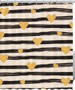 Golden Hearts and Stripes Pattern Shower Curtain, Chic Bathroom Decor