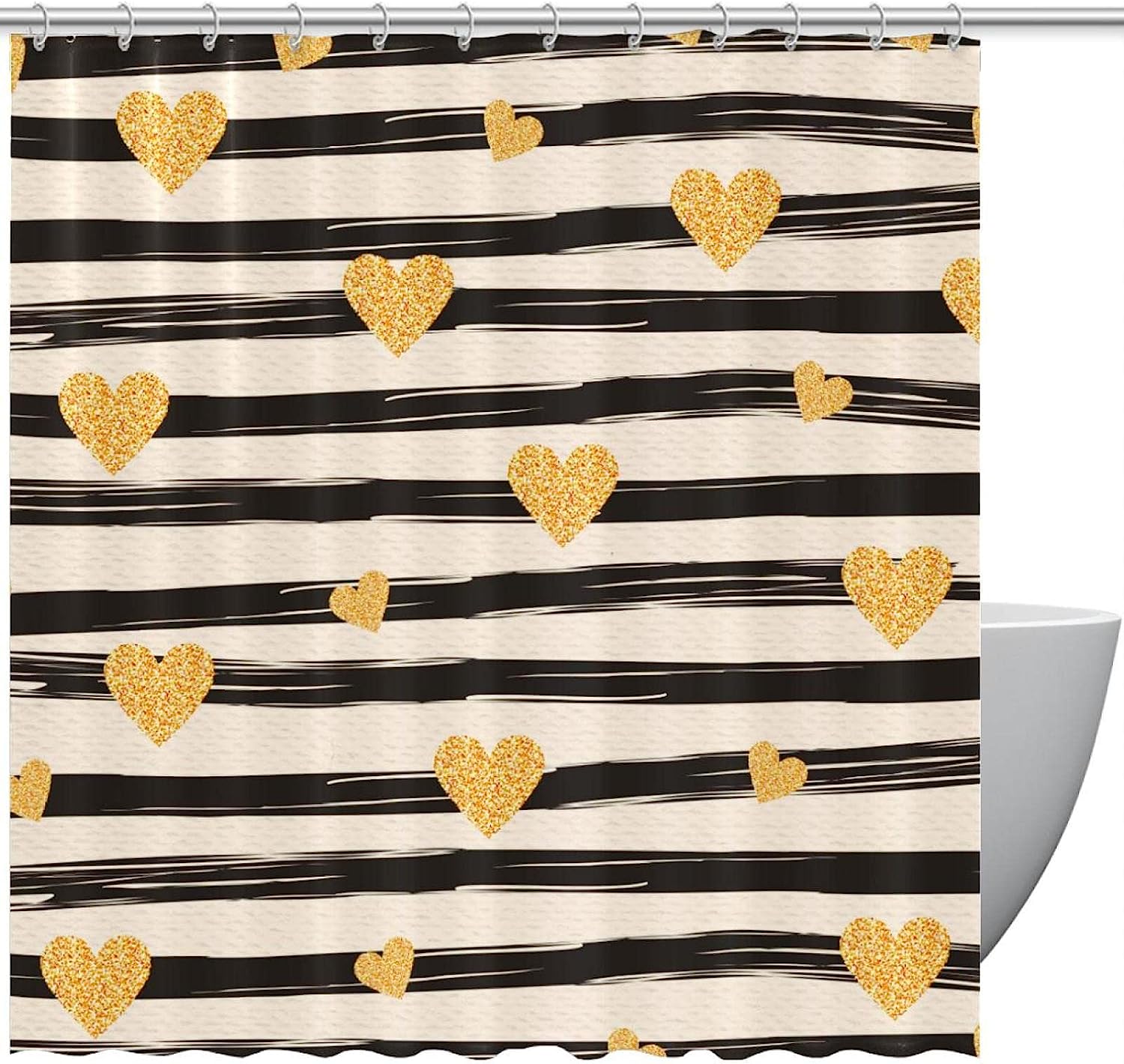 Golden Hearts and Stripes Pattern Shower Curtain, Chic Bathroom Decor