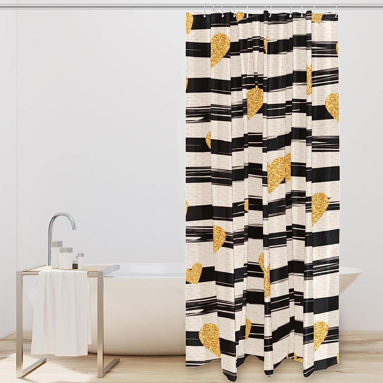 Golden Hearts and Stripes Pattern Shower Curtain, Chic Bathroom Decor