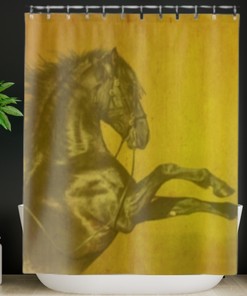 Golden Horse Shower Curtain - Black Bathroom Curtain With Horses And Sun Design