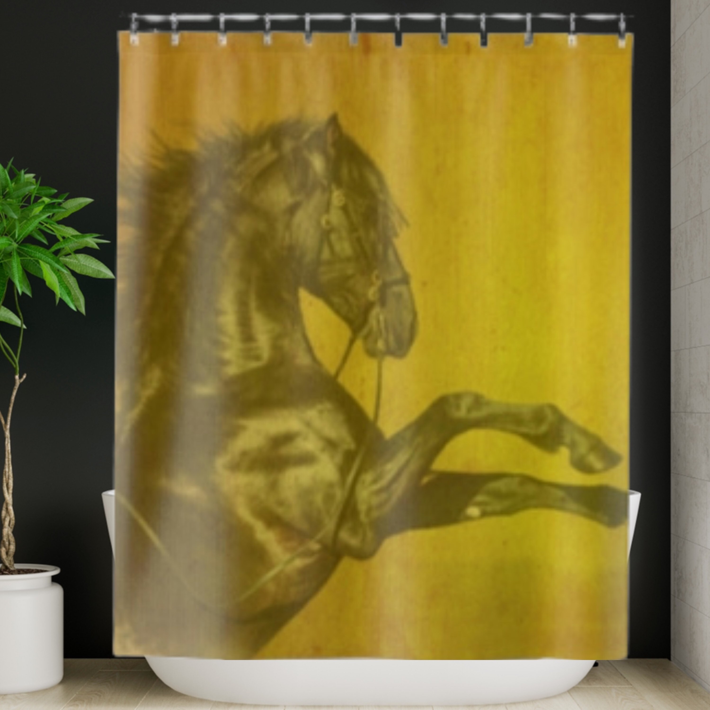 Golden Horse Shower Curtain - Black Bathroom Curtain With Horses And Sun Design
