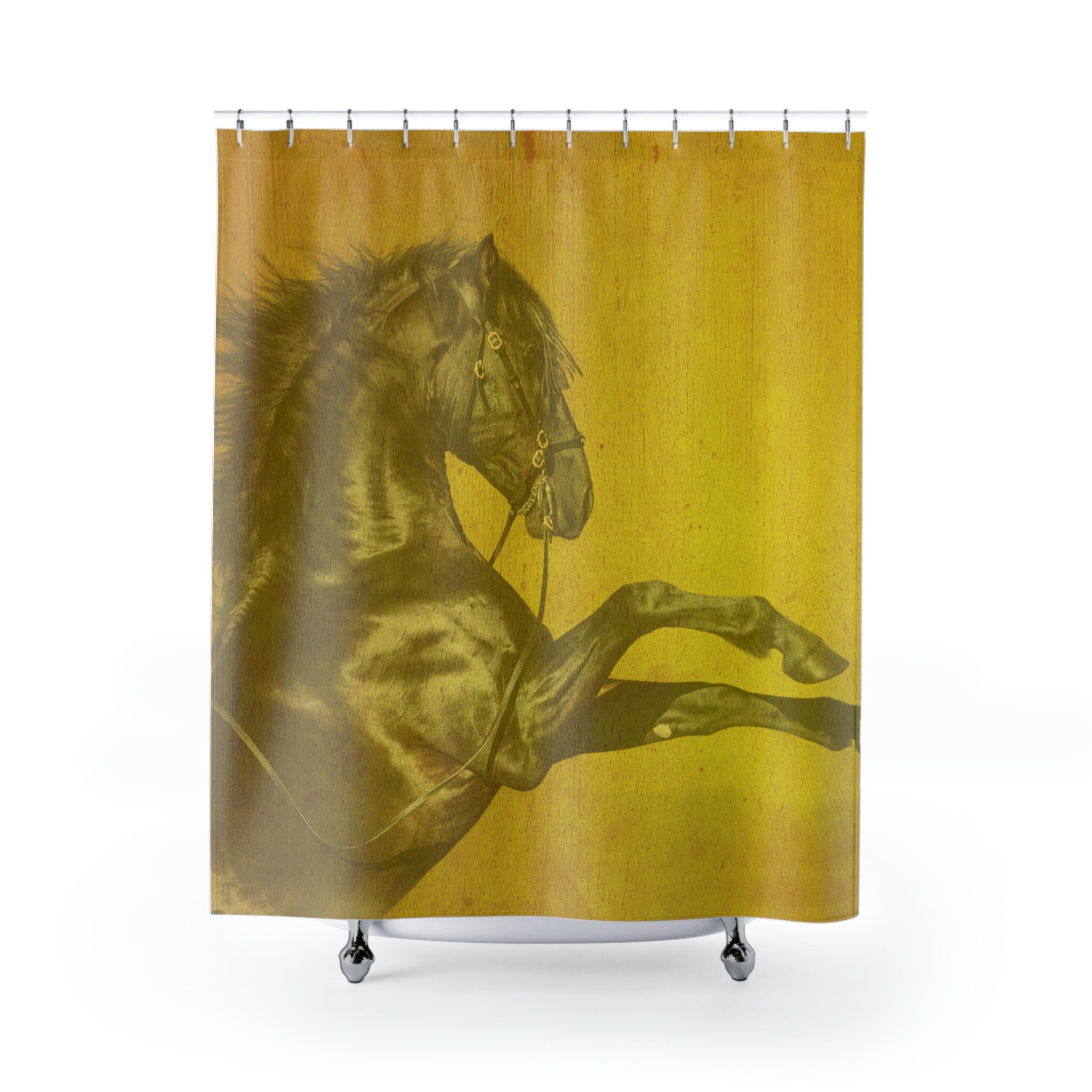 Golden Horse Shower Curtain - Black Bathroom Curtain With Horses And Sun Design - Image 2