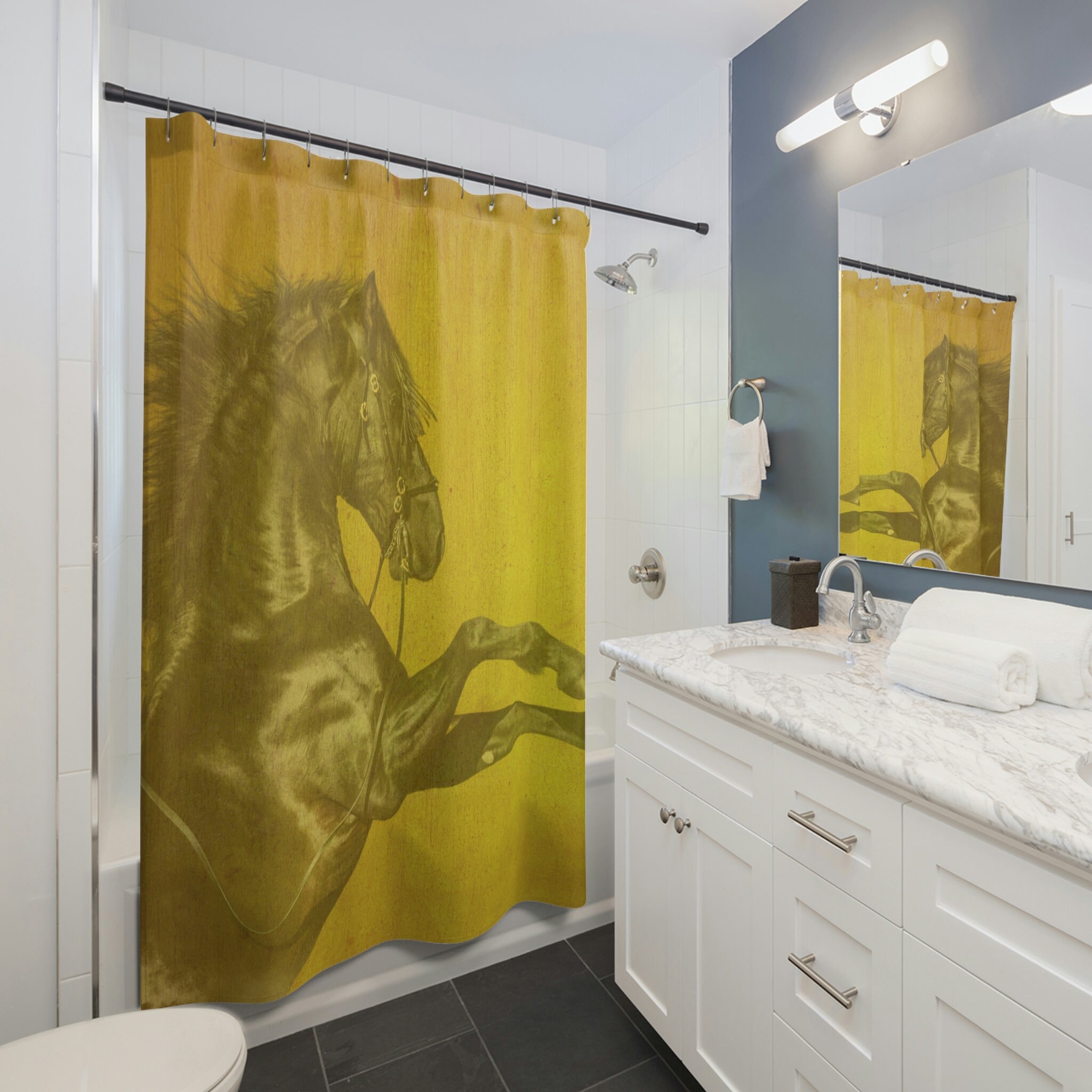Golden Horse Shower Curtain - Black Bathroom Curtain With Horses And Sun Design - Image 3