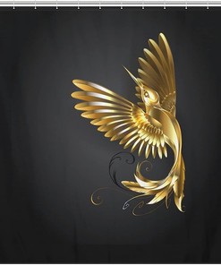 Golden Hummingbird Fabric Shower Curtain For Bathroom Decoration, Perfect For Nature Theme Bathroom Decor