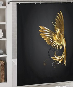Golden Hummingbird Fabric Shower Curtain For Bathroom Decoration, Perfect For Nature Theme Bathroom Decor