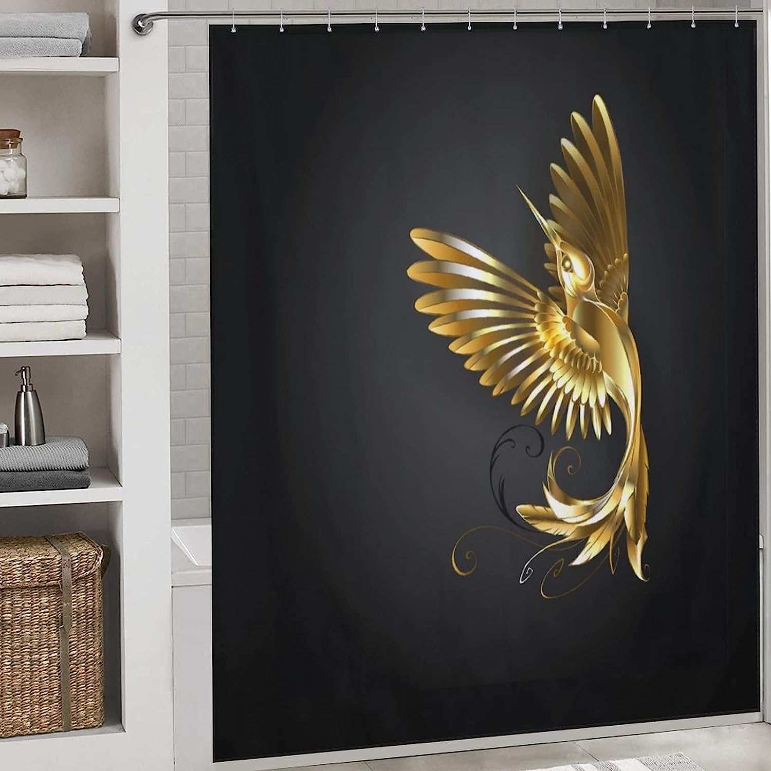 Golden Hummingbird Fabric Shower Curtain For Bathroom Decoration, Perfect For Nature Theme Bathroom Decor
