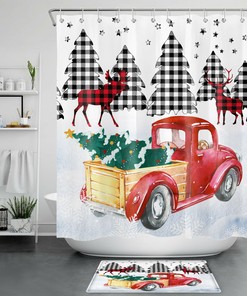 Golden Lemon Shower Curtain Green Leaves Plaid Farm Truck